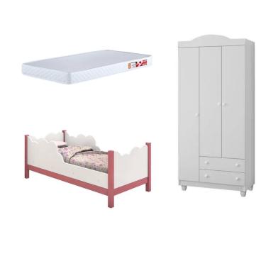 Imagem de Cama Infantil Juvenil Nuvem Colchão Branco/rosa com Guarda Roupa Lara Branco