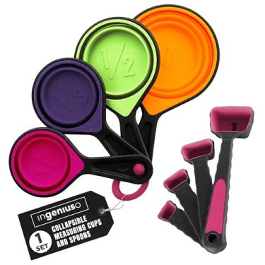 Imagem de Copos de medição dobráveis e colheres de medição | Conjunto de copos de silicone portátil de grau alimentício para alimentos líquidos e secos | Assar e cozinhar | Utensílios de cozinha | Comida de cachorro e acampamento e copo de medição infantil