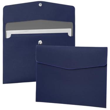 Imagem de FYY Pasta de arquivo, couro PU A4, porta-documentos, organizador de arquivos, envelope de arquivo, capa para tablet com fecho magnético para casa, escola, escritório, papelaria, azul escuro