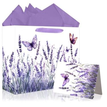 Imagem de JOCOPUERTO Bolsa de presente de aniversário lavanda - Bolsa de presente grande borboleta roxa de 33 cm com papel de seda e cartão para mulheres com tema roxo suprimentos de festa de aniversário