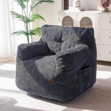 Imagem de MAXYOYO Cadeira de pufe, cadeira preguiçosa tufada, sofá de sala de estar com enchimento para adultos, adolescentes e crianças, cadeira de sofá com detalhes de tecido com fio para quarto