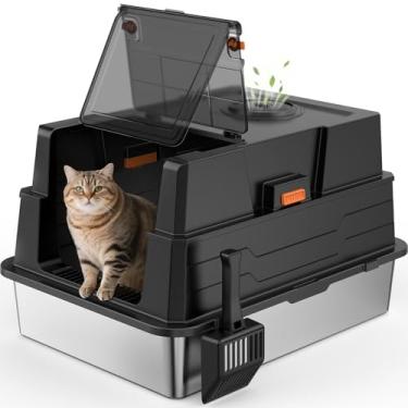 Imagem de Caixa de areia extra grande fechada de aço inoxidável para gatos com tampa - XXXL caixas de areia gigantes de metal com laterais altas para famílias com vários gatos e gatos com excesso de peso