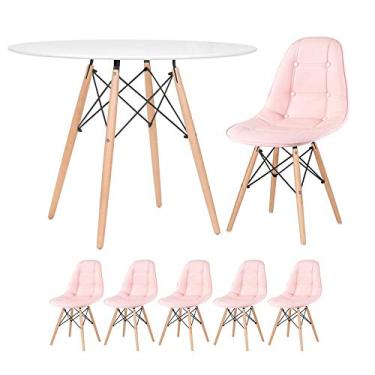 Imagem de Loft7, KIT - Mesa Eames 100 cm branco + 5 cadeiras Eames Botonê Rosa claro