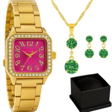 Imagem de Relogio Feminino Quadrado Pequeno + Colar Brincos Tendencia - EEA SEMI