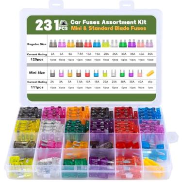 Imagem de Fusíveis de lâmina mini e padrão para veículos automotivos, trailers, motocicletas, caminhões, quadriciclos, barcos, UTV, 2A, 3A, 5A, 7,5A, 10A, 15A, 20A, 25A, 30A, 35A, 45A, 231 peças, caixa de fusíveis de lâmina