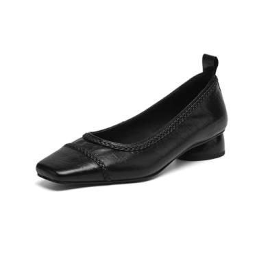 Imagem de TinaCus Mocassim feminino de couro legítimo, bico quadrado, salto grosso, feito à mão, casual, Preto, 34