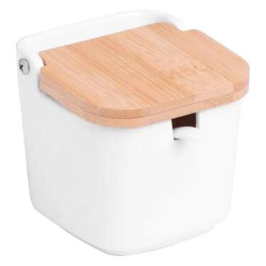 Imagem de Saleiro de mesa com colher de cerâmica e tampa de bambu Bianco Lyor 9x