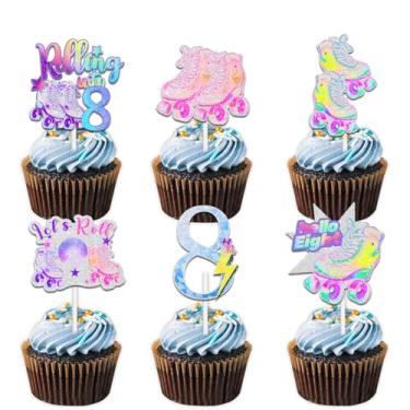 Imagem de 18 peças de patins coloridos com glitter para cupcake para patinação hip hop retrô dos anos 80 anos 90 rolo em 8 artigos de decoração temática meninos meninas feliz 8º aniversário decorações de festa