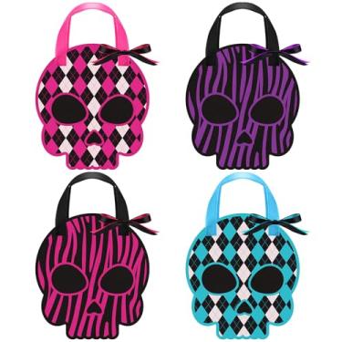 Imagem de Bulyoou 24 peças de sacos de presente de festa de Halloween de verão para festa de monstros escola sacos de guloseimas pretas assustadoras ruins dois ossos decorações doce rosa choque (caveira)