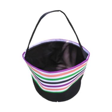 Imagem de oshhni Cesta de doces de Halloween para crianças, bolsa infantil leve com alças, cesta de presente portátil, balde de doces ou travessuras, Listras Coloridas
