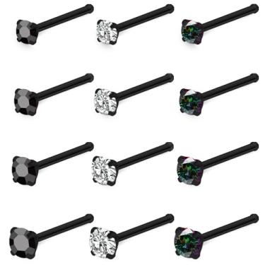 Imagem de Ovxznts Anel de nariz preto aço cirúrgico piercing de nariz 20G 18G em forma de L piercings de narina zircônia cúbica piercing de narina joias para mulheres e homens, 9 peças, Metal Cristal, Zircônia