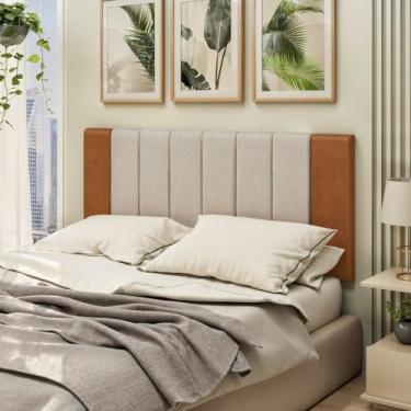 Imagem de Cabeceira Dobrável Estofada Casal Cama Box Linho Bege Premium Detalhe Em Couro. 1,40 Casal. BEGE