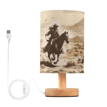 Imagem de YETTASBIN Candeeiro de mesa de cabeceira de cowboy ocidental, pequena luz de mesa de LED USB com base de madeira antiderrapante e abajur para sala de estar, quarto, dormitório, decoração de mesa de
