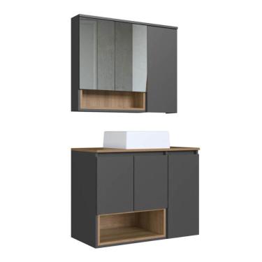 Imagem de Gabinete 80cm Cecília Mel Grafite com Espelheira Cuba Branca 3 Portas E 1 Nicho De Banheiro