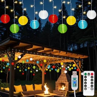 Imagem de Cordão de luzes decorativas coloridas ao ar livre, 13,12 m, 100 LEDs, plugue de lanterna de papel multicolorido, cordão de luzes com 20 lanternas, controle remoto, 8 modos de iluminação, cordão de luz