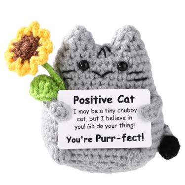 Imagem de TOYMIS Gato de Crochê Positivo, Boneca Fofa Gato Cinza Girassol Tricô com Cartão Decoração Engraçada Mesa Presente de Incentivo para Mulheres e Homens Aniversário e Natal