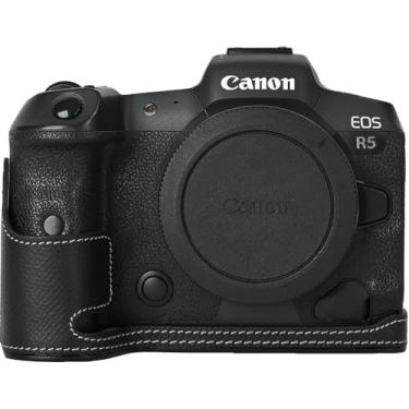 Imagem de Capa R5, capa BMAOLLONGB feita à mão de couro legítimo de metal inferior metade da câmera para Canon Eos R5 com alça de mão (preto)