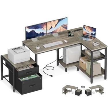 Imagem de Casaottima Mesa em forma de L com gavetas e armário de arquivos, mesa de computador com prateleiras de armazenamento e suporte de CPU, mesa de canto com tomadas, mesa em L reversível para escritório