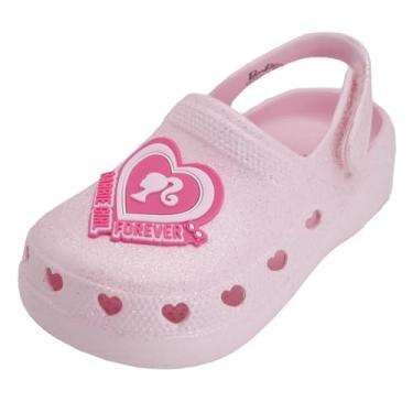 Imagem de Barbie Tamancos infantis leves sem cadarço para meninas – sapatos de verão com alça ajustável para crianças – Sandálias para brincar à prova d'água, Glitter rosa claro com emblema Barbie Heart, 22