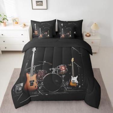 Imagem de jejeloiu Conjunto de edredom de instrumento musical, 7 peças, solteiro, guitarra, tambor, para crianças, meninos, meninas, preto e laranja, em uma bolsa com edredom + lençol + fronhas + fronhas