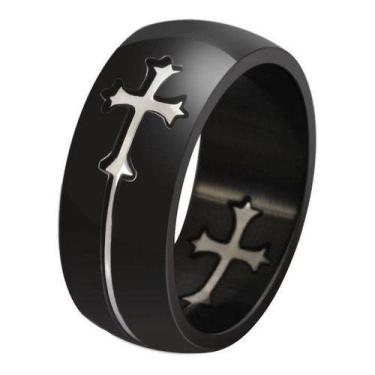 Imagem de Anel Aliança  Titânio Preto Crucifixo Cruz Prata  - Judith Joias, 29