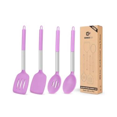 Imagem de Pacote de 4 conjuntos de utensílios de cozinha de silicone, espátulas grandes e sólidas antiaderentes, colheres com fenda roxas resistentes ao calor, espátulas de cozinha ideais sem BPA para fritar, misturar, servir, drenar, girar, mexer