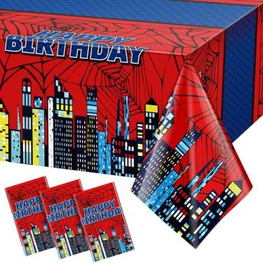 Imagem de Oudain 3 toalhas de mesa descartáveis de plástico vermelho e azul 274 x 137 cm, tema de teia da cidade, decorações de festa de aniversário, toalhas de mesa grandes para festas, ambientes internos e