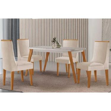 Imagem de Mesa Cozinha Havana c/ Tampo Madeirado c/ Vidro Canto Curvo 120x80cm e 4 Cadeiras Dakota Madeira Maciça Naturale/Off White - Capuccino/Suede Creme-Ruf