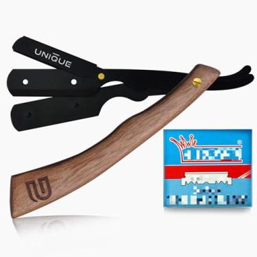 Imagem de Navalha de barbeiro, lâminas retas para homens, lâmina profissional de borda reta, borda única, corte, barbear, barba, cabo de madeira, 100 lâminas de aço inoxidável