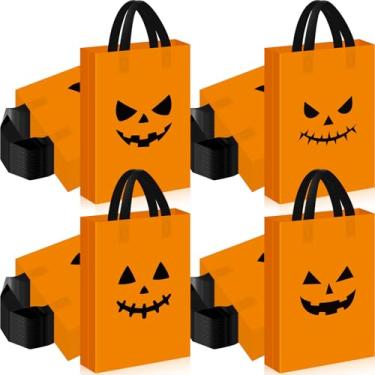 Imagem de Gersoniel 100 unidades de sacolas de plástico para presente de Halloween com alça ou doces de abóbora para doces ou doces para decoração de festa de Halloween