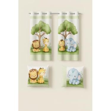 Imagem de Cortina Infantil com 2 Capas de Almofada, 2,00x1,50m, Poliéster Estampado, Decorativa, Quarto (SAFARI ARVORE)