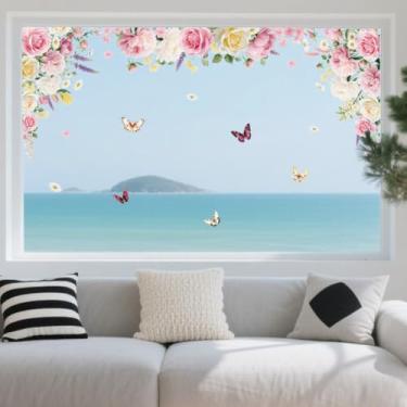 Imagem de ANATTASOUL Adesivos de janela estática com bordas florais e borboletas 1 folha de decalques reutilizáveis para vidro, 120 cm x 30 cm adesivo de janela dupla face removível para quarto, escritório