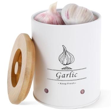 Imagem de Detentor de alho com tampa de bambu, lata de armazenamento de alho de metal para balcão, recipiente de armazenamento de alho, grande detentor de alho, recipiente de alho, pote de poupança de alho