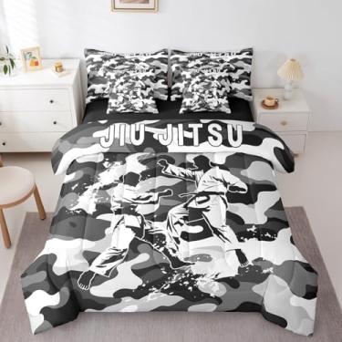 Imagem de Manfei Conjunto de edredom queen de jiujitsu, com tema esportivo de judô japonês, estampa de camuflagem cinza em uma bolsa com edredom, lençóis e fronhas, decoração de quarto de crianças e