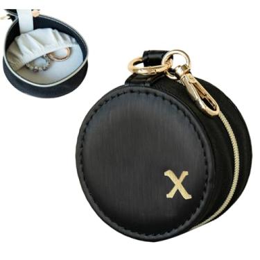Imagem de COLLECTIVE HOME - Caixa de joias com monograma, porta-anéis de viagem portátil com chaveiro, organizador inicial personalizado para brincos e colares, presente para ela (preto-x)