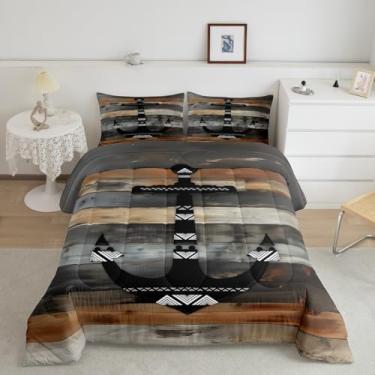 Imagem de Feelyou Conjunto de edredom com tema náutico de âncora, Queen, para meninos, meninas, adolescentes, oceano, aventura marítima, conjunto de edredom cinza escuro