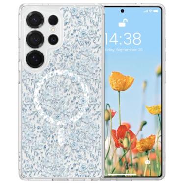 Imagem de RALEAVO Capa para Samsung Galaxy S24 Ultra compatível com MagSafe Clear Floral Pattern Design Cute Cover for Girls Women Slim Magnetic Hard Back à prova de choque para S24 Ultra, flores azuis