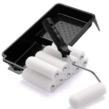 Imagem de ACEBON Conjunto de 10 mini rolos de pintura de espuma para pintura com brilho e cetim, madeira e metal, rodapé, peitoris de janela, portas, conjunto de rolo e bandeja de 10 cm