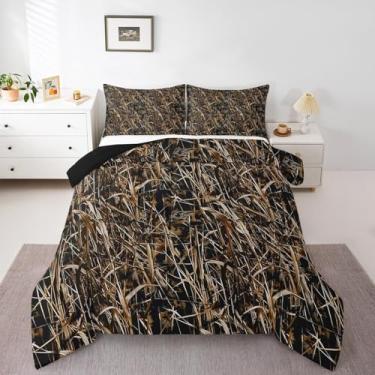 Imagem de Feelyou Conjunto de cama king size com estampa de grama, estilo militar, galhos de árvores, folhas camufladas, botânico, conjunto de edredom para meninos e meninas