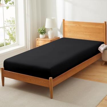 Imagem de Vonty 1 lençol de cama preto de 78,7 cm x 190,5 cm - 1800 fios de microfibra, lençol com elástico respirável e macio, adequado para cama de beliche solteiro estreito