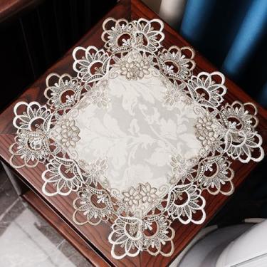 Imagem de Wuluwala Toalha de mesa quadrada de cabeceira, capa de mesa de cabeceira, toalha de mesa de renda de macramê, bordada, pequena capa de mesa de renda para festivais de casamento, festas de fim de ano
