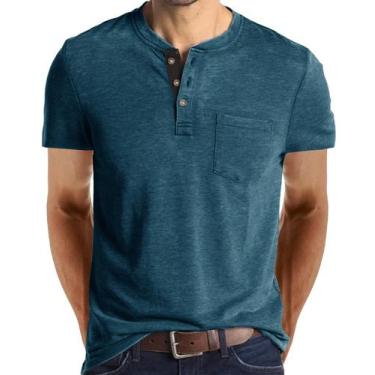 Imagem de Camisa Henley Gleam Ledra masculina de manga curta algodão azul