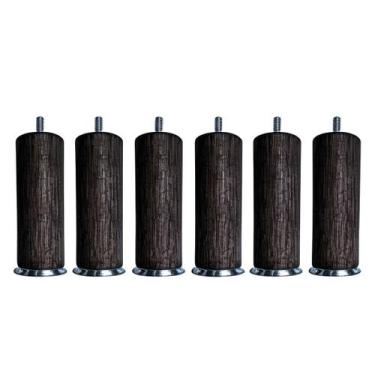 Imagem de Kit 6 Pés de Madeira para Cama 12cm Cilíndrico Cor Nogueira Base Metal