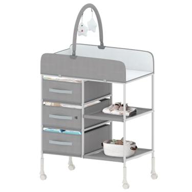 Imagem de HOMMOW Trocador portátil para bebê, trocador de fraldas com almofada à prova d'água, trocador infantil com 3 cestos de armazenamento e brinquedo, berçário móvel para bebês e recém-nascidos