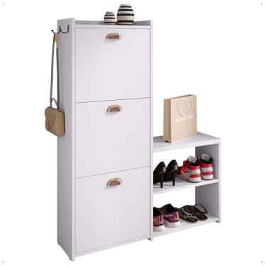 Imagem de Sapateira Vertical 3 Gavetas Banco Prateleira Sapatos Gancho Bolsa Hall Entrada Quarto Dakota - Branco - Rpm