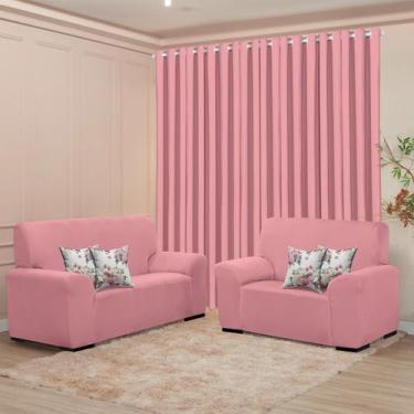 Imagem de Kit Sala Cortina 3m e Capa de Sofá Coladinha 2 e 3 Lugares e 4 Almofad