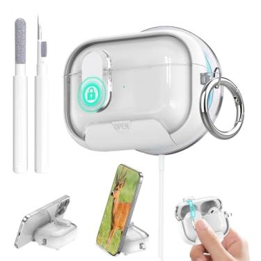 Imagem de Aircawin Capa transparente para Airpods Pro 3, trava segura para Airpods Pro 3ª geração, com suporte para telefone e função Magsafe, pop-up automático, design de proteção híbrida com mosquetão e