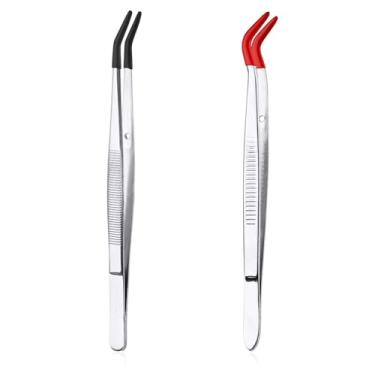 Imagem de 2 peças de pinças dobradas com pontas de borracha, pinça de ponta plana curva de aço inoxidável com aderência angular adesivo de carimbo de pedra antiderrapante longa ferramenta para artesanato de