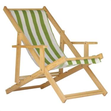 Imagem de Espreguiçadeira Reclinável Com Braço em Madeira Maciça Natural – Para Jardim, Varanda e Área Externa, Tecido Removível (Listrado Verde e Branco)