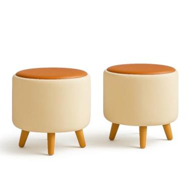 Imagem de kIT 2 Puff Banquetas Redondo Banco Pufe Assento Macio em Courino Tecido Boucle Decorativo para Sala Escritório Apartamento Quarto Infantil Manu com Pés em Madeira (Areia/Caramelo)